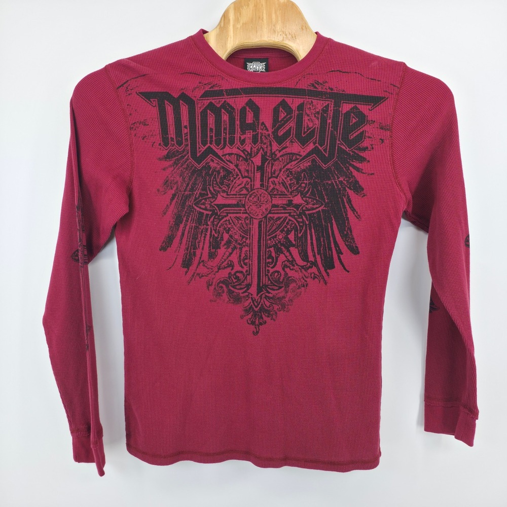 MMA Elite Mens Large Burgundy Red Waffle Knit Thermal Long Sleeve Graphic Shirt